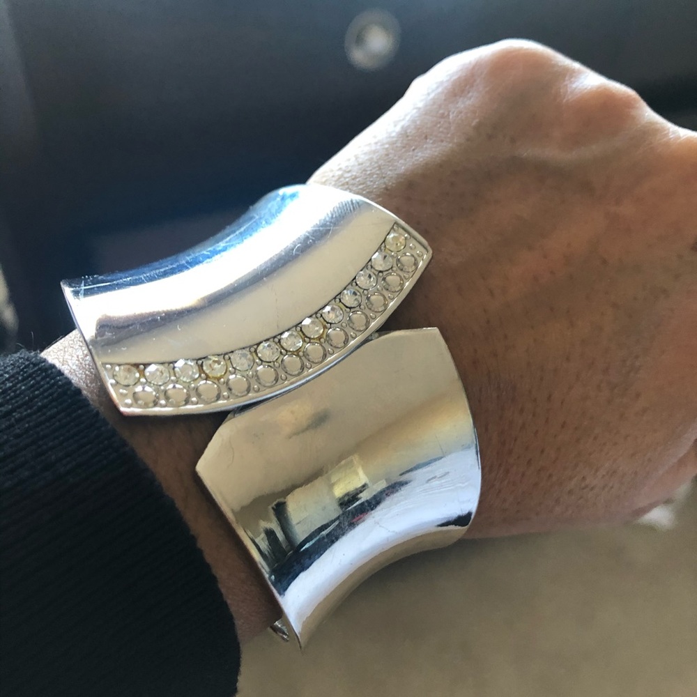 Silvertone Cuff Bangle with Rhinestones